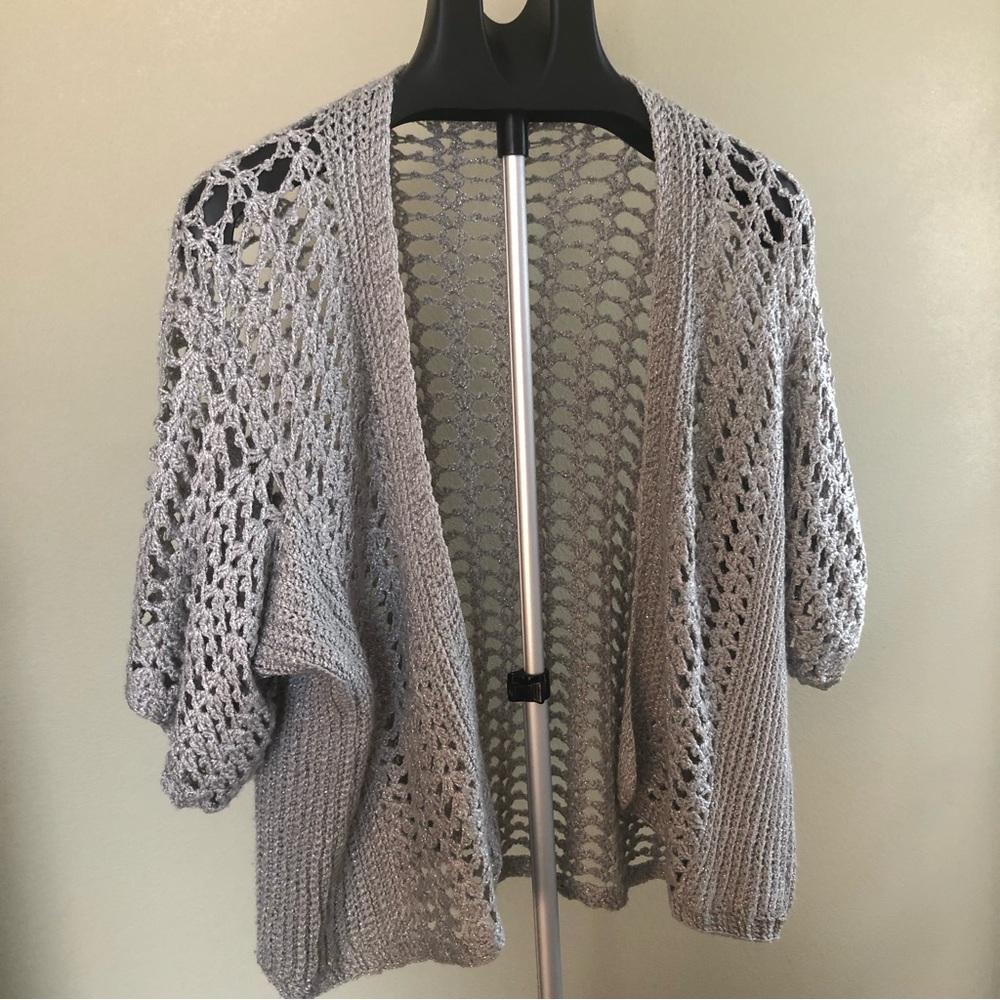 Gray, silver cardigan sweater, size XL, 1XL, 2XL, short sleeve, open knit